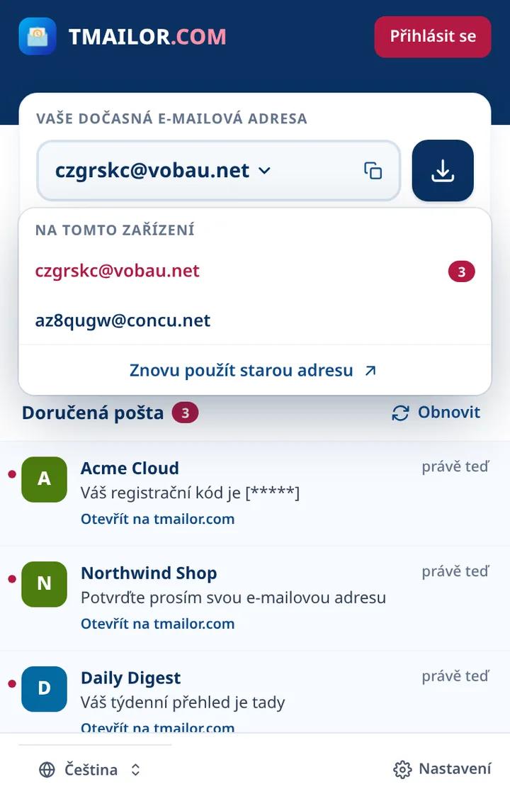 Tmailor seznam adres s dvěma adresami uloženými na tomto zařízení