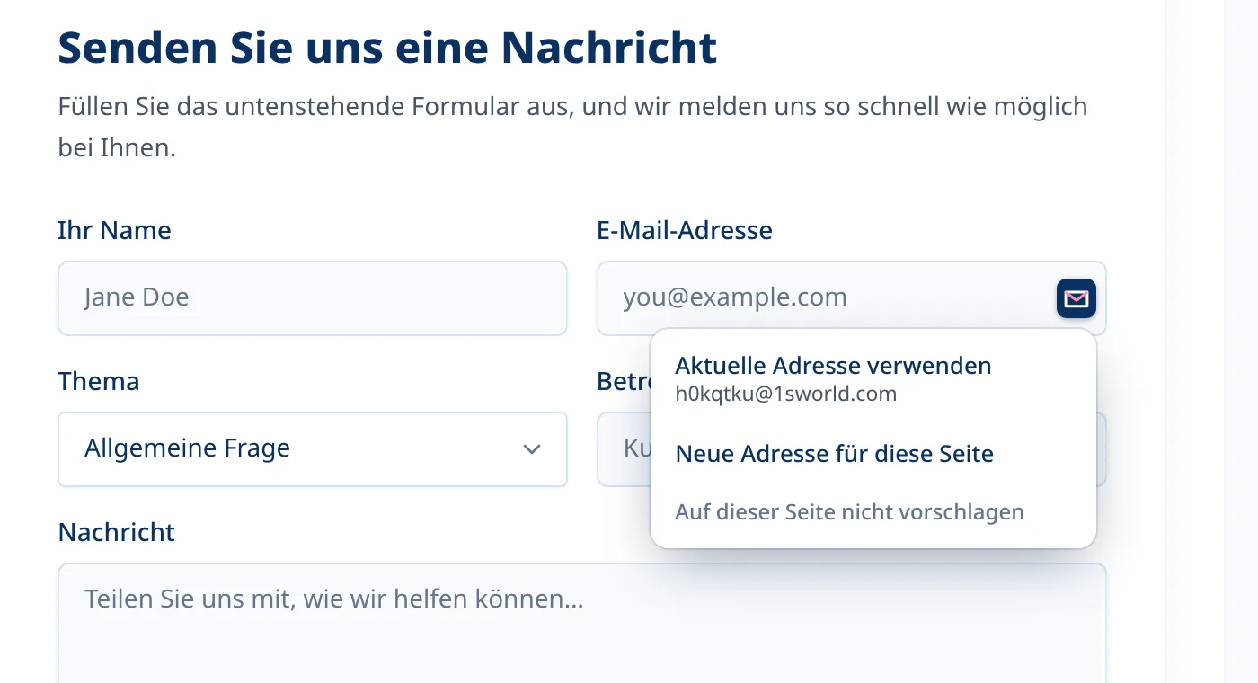 Optionales Tmailor-Menü in einem E-Mail-Feld auf einem Anmeldeformular