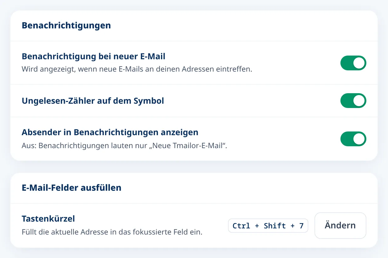Tmailor-Einstellungen für neue E-Mail-Benachrichtigungen und die Tastenkombination