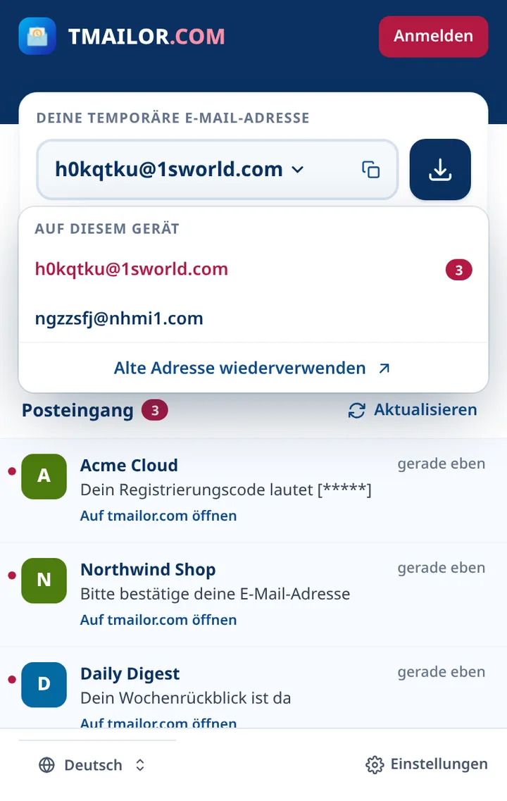 Tmailor-Adressliste mit zwei auf diesem Gerät gespeicherten Adressen
