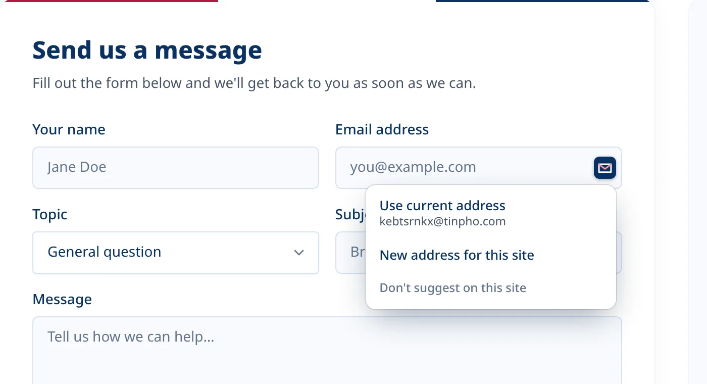Optional Tmailor menu inside an email field on a sign-up form