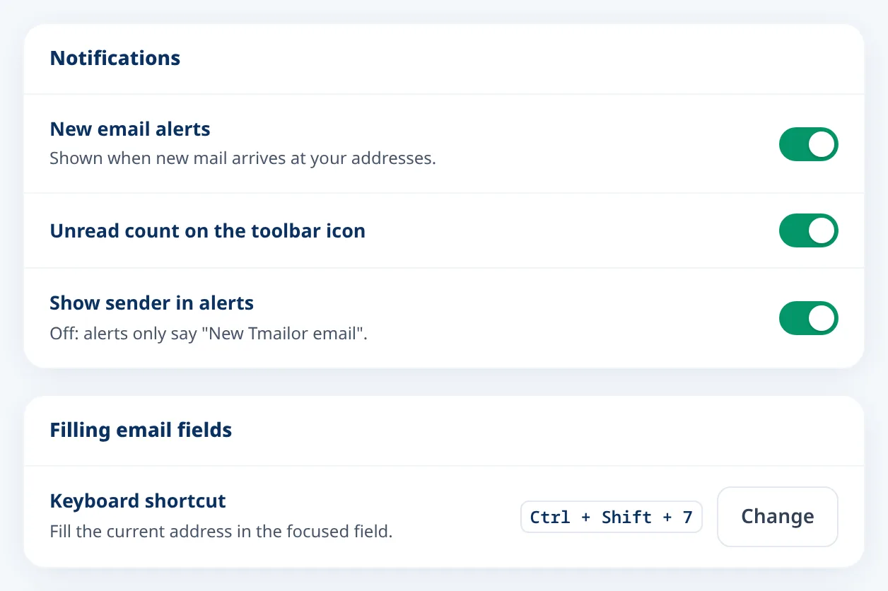 Tmailor settings for new email alerts and the keyboard shortcut