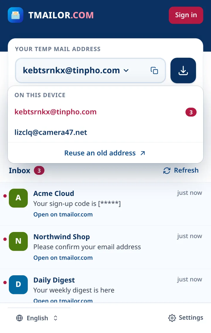 Tmailor address list with two addresses saved on this device