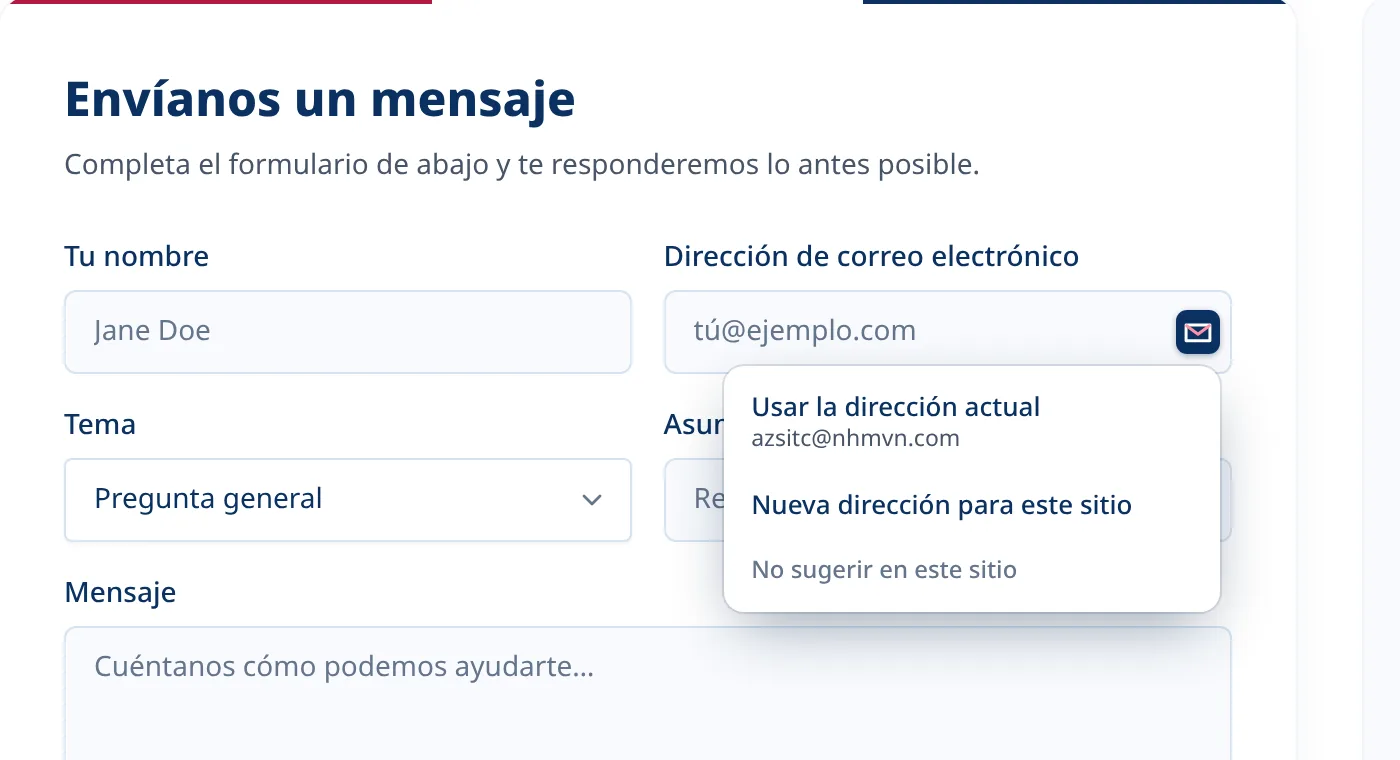 Menú opcional de Tmailor dentro de un campo de correo electrónico en un formulario de inscripción