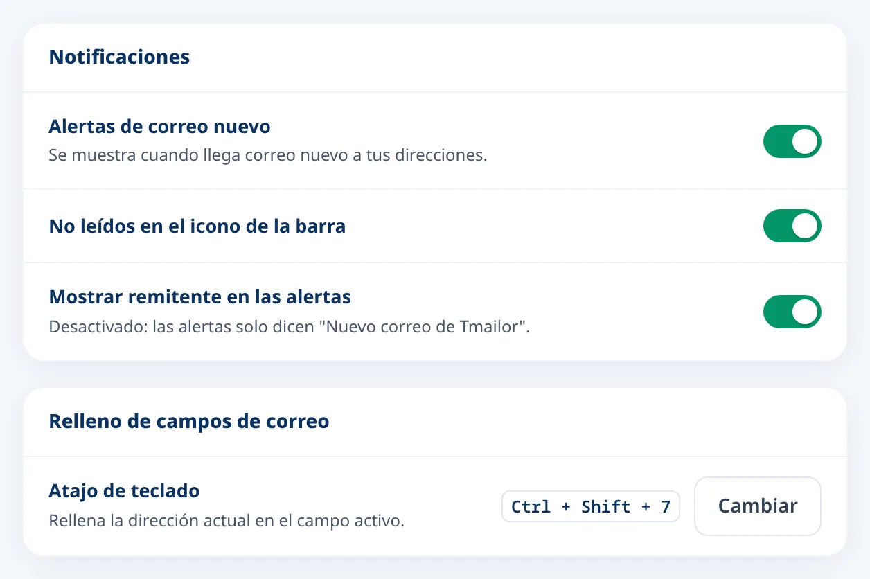 Ajustes de Tmailor para nuevas alertas de correo electrónico y el acceso directo de teclado