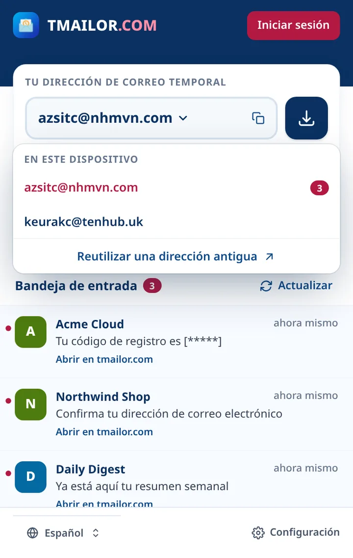 Lista de direcciones Tmailor con dos direcciones guardadas en este dispositivo