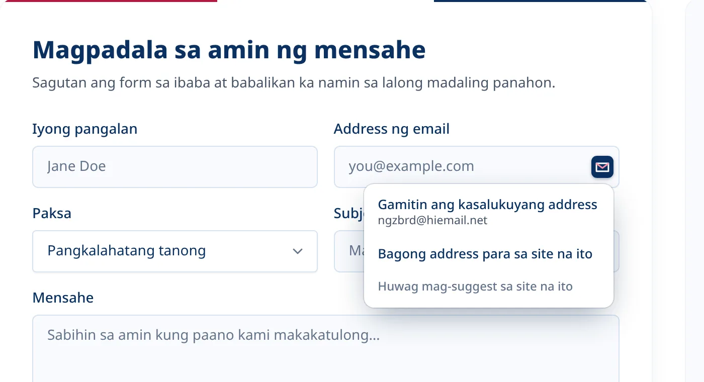 Opsyonal na Tmailor menu sa loob ng email field sa sign-up form