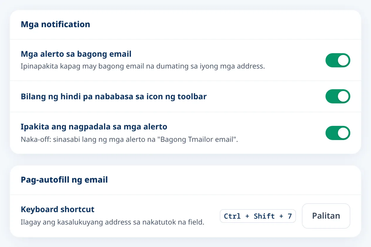 Mga setting ng Tmailor para sa mga bagong email alert at shortcut sa keyboard