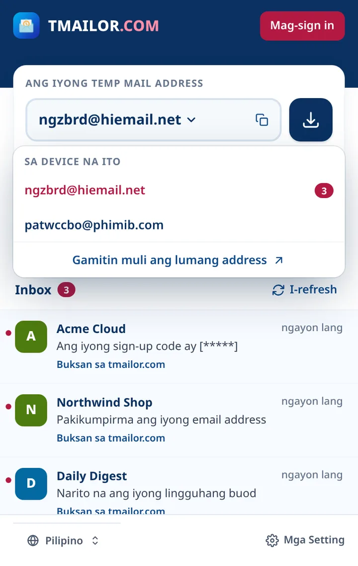 Tmailor address list na may dalawang address na naka-save sa device na ito