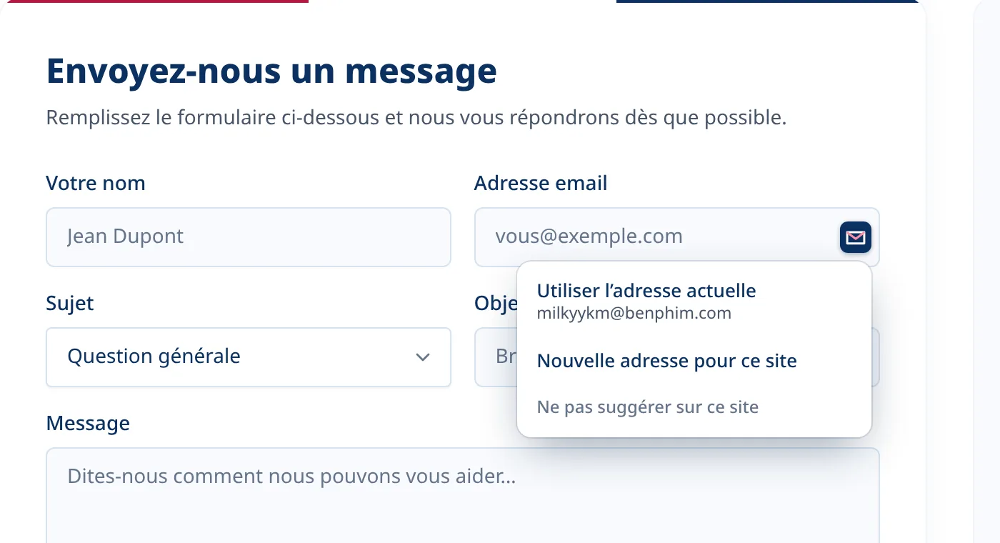 Menu Tmailor optionnel dans un champ email sur un formulaire d’inscription