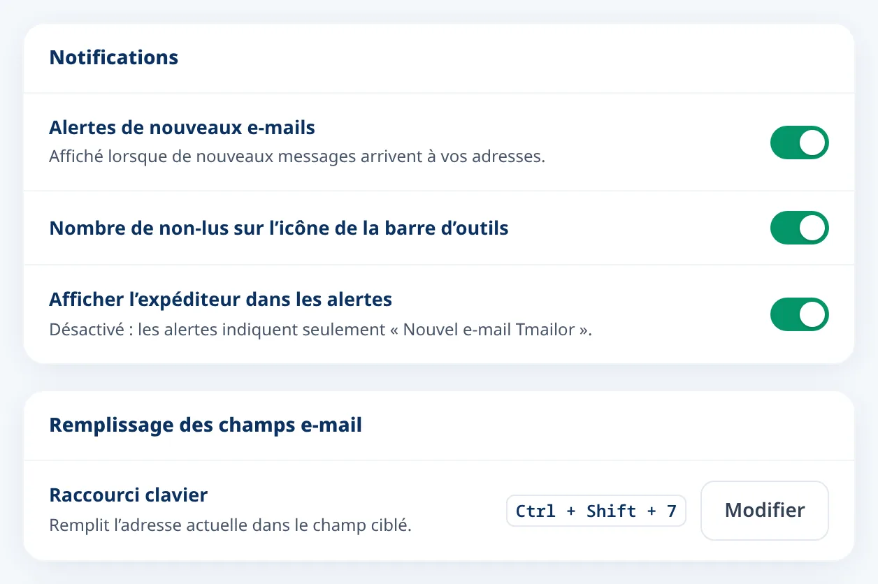 Paramètres Tmailor pour les nouvelles alertes email et le raccourci clavier