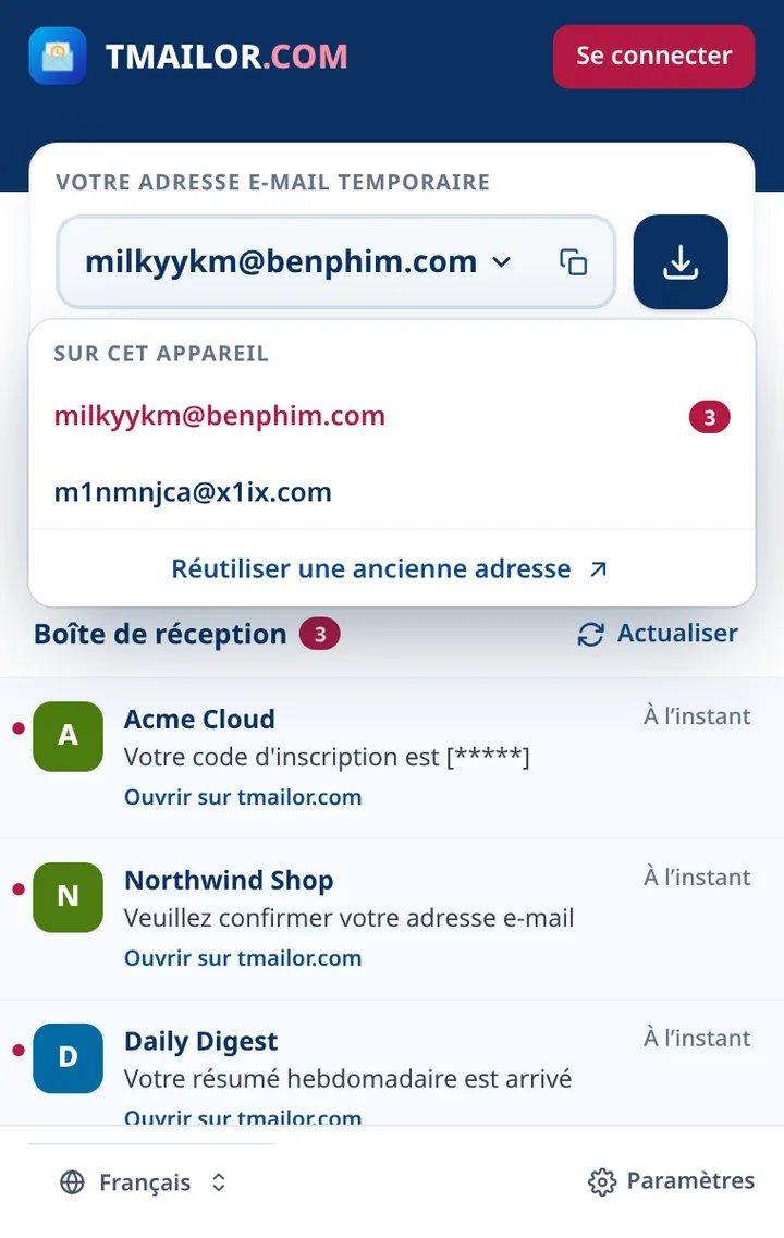 Liste d’adresses Tmailor avec deux adresses enregistrées sur cet appareil
