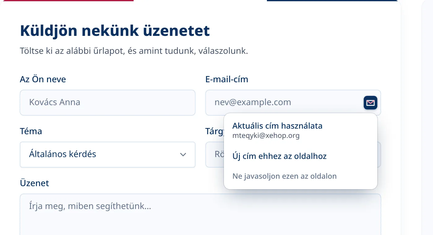 Opcionális Tmailor menü egy e-mail mezőben a regisztrációs űrlapon