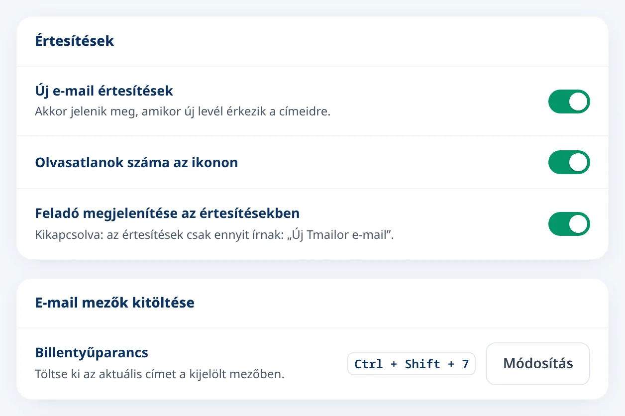 A Tmailor beállításai az új e-mail-értesítésekhez és a billentyűparancshoz