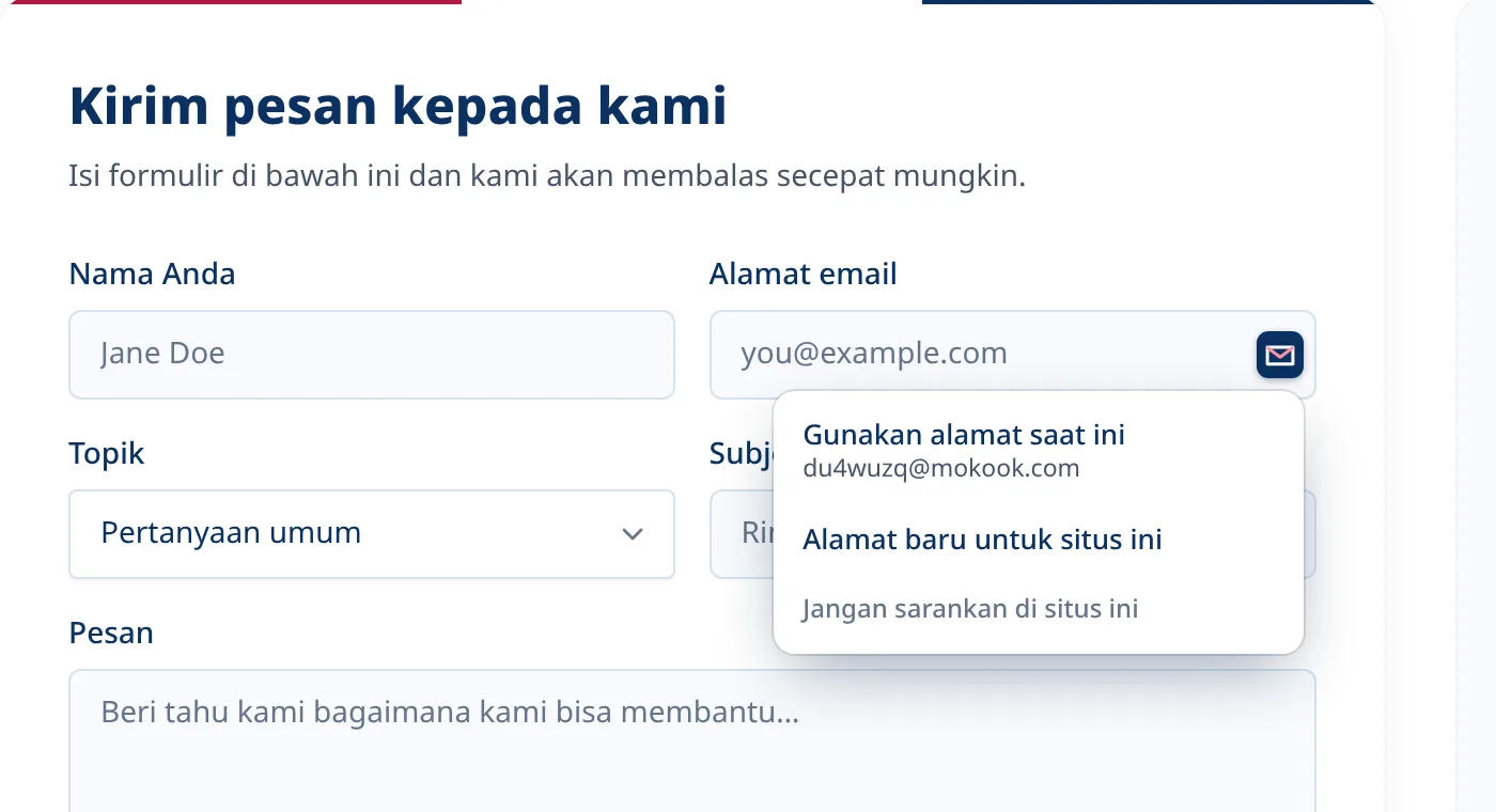 Menu Tmailor opsional di dalam kolom email pada formulir pendaftaran