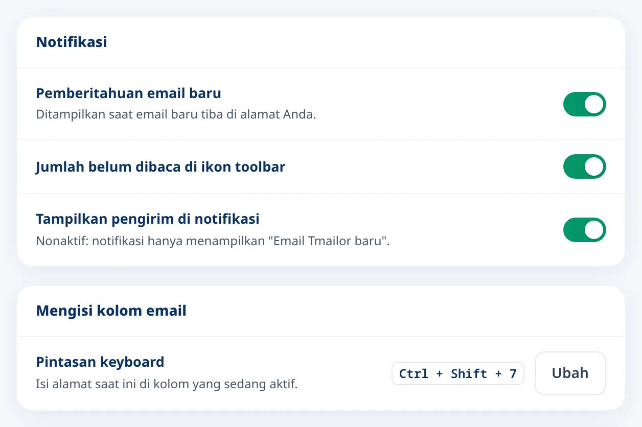 Pengaturan Tmailor untuk peringatan email baru dan pintasan keyboard