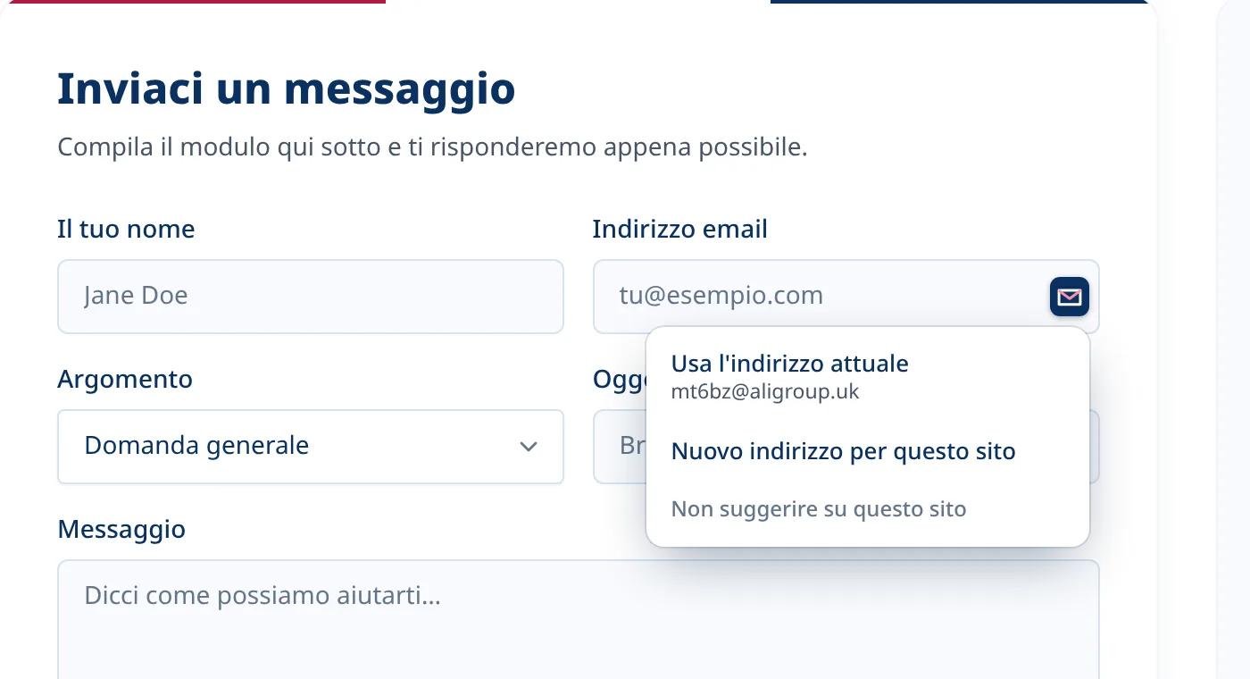 Menu opzionale su Tmailor all'interno di un campo email su un modulo di iscrizione