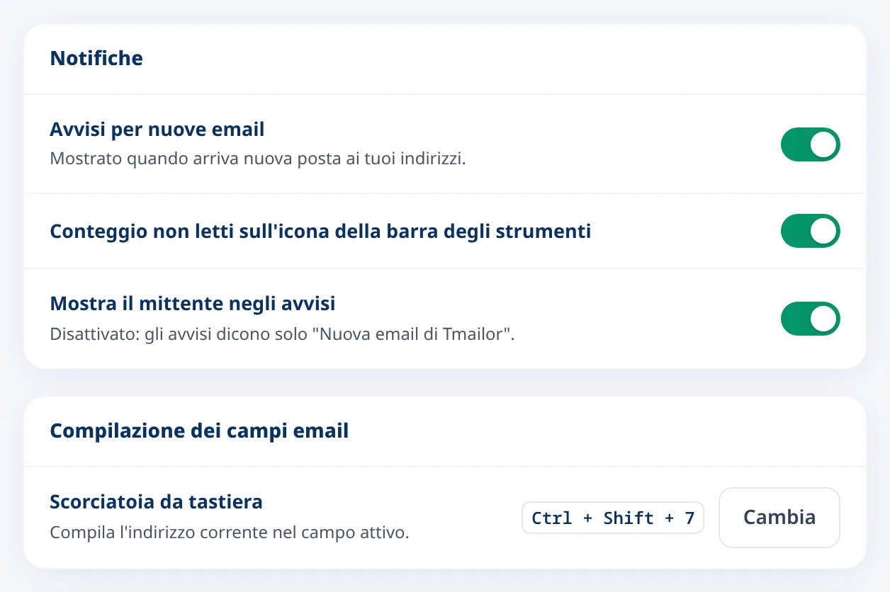Impostazioni di Tmailor per nuovi avvisi email e scorciatoie da tastiera