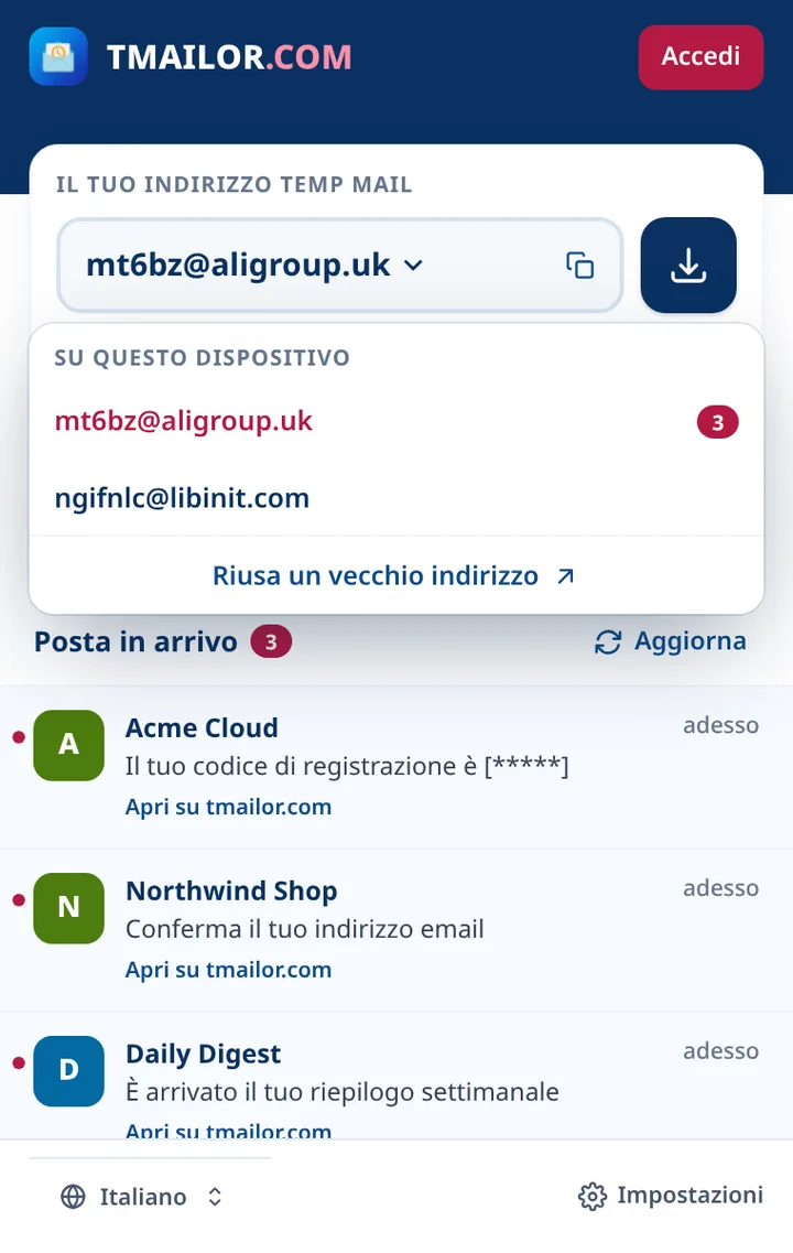 Elenco indirizzi Tmailor con due indirizzi salvati su questo dispositivo