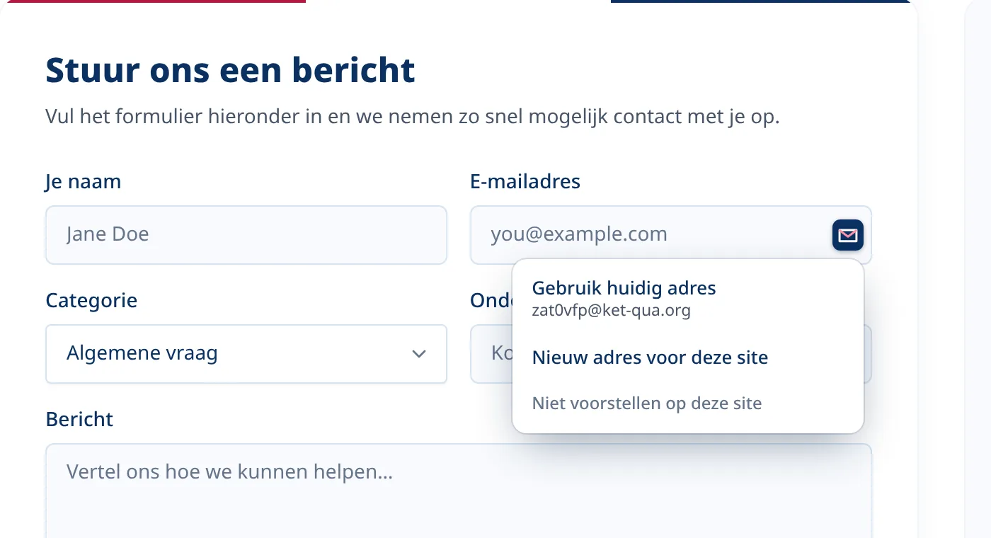 Optioneel Tmailor-menu binnen een e-mailveld op een aanmeldformulier