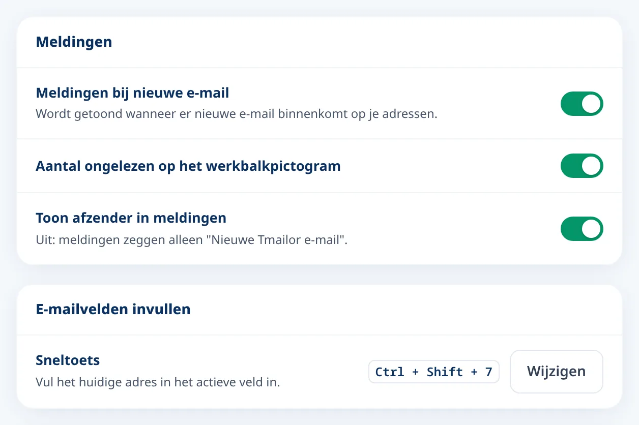 Tmailor-instellingen voor nieuwe e-mailmeldingen en de sneltoets