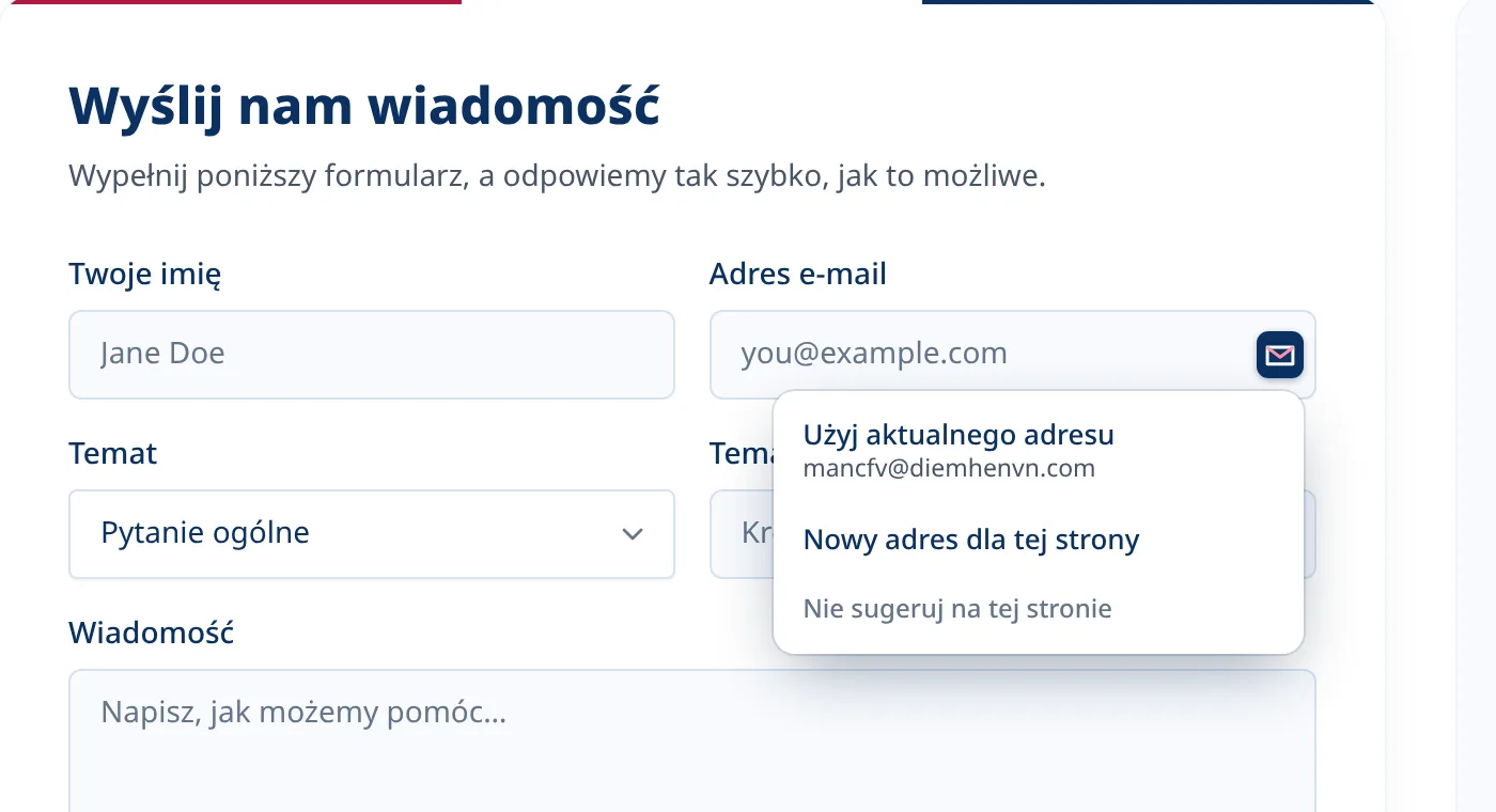 Opcjonalne menu Tmailor w polu e-mail w formularzu rejestracyjnym