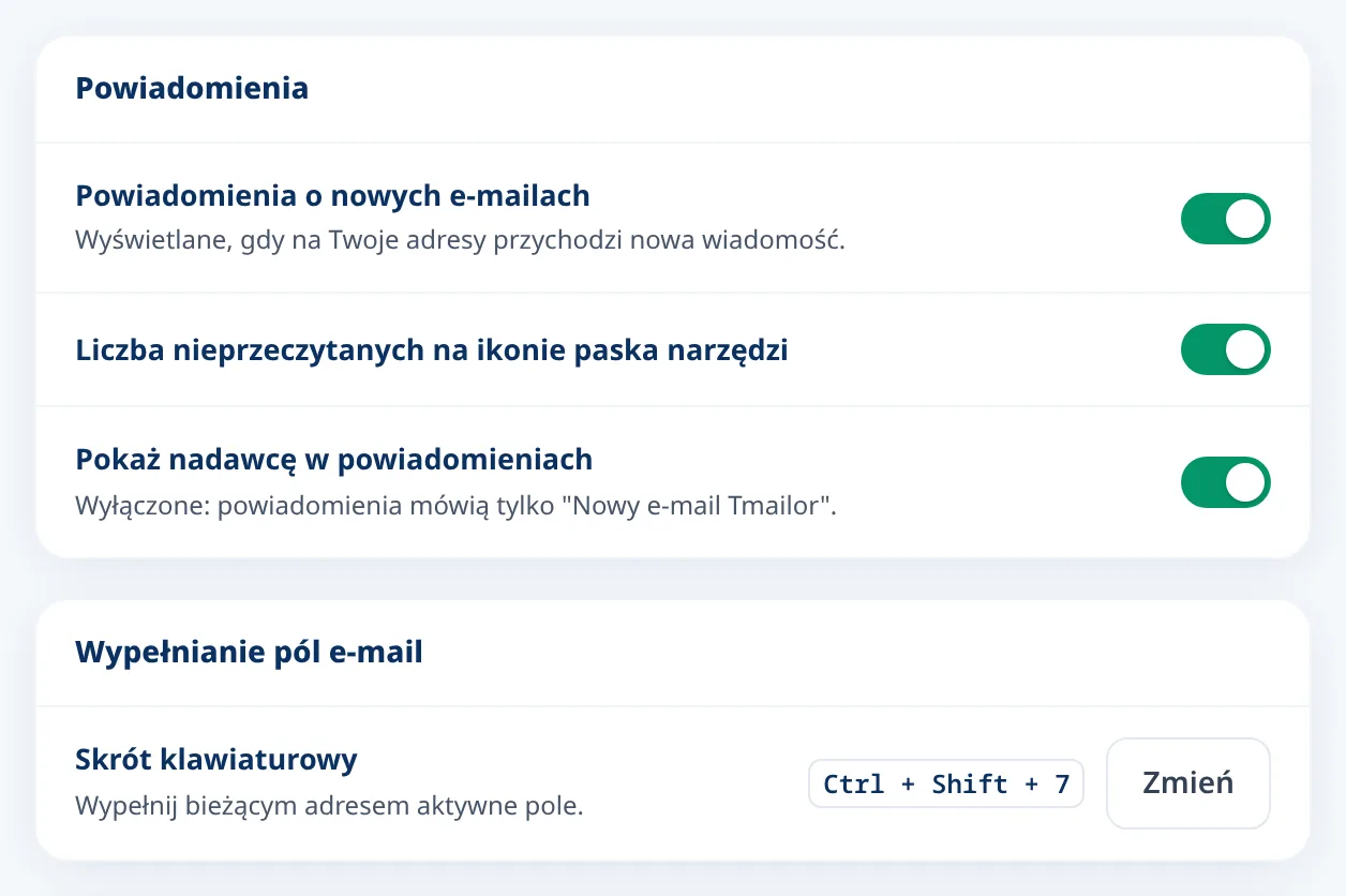 Ustawienia Tmailor dotyczące powiadomień o nowych wiadomościach i skrótu klawiaturowego
