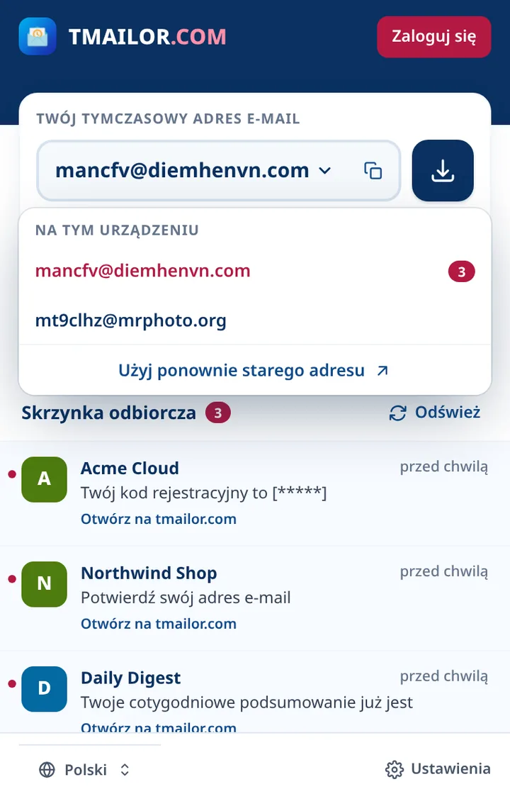 Lista adresów Tmailor z dwoma adresami zapisanymi na tym urządzeniu