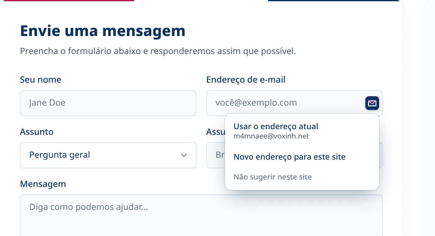 Menu opcional Tmailor dentro de um campo de e-mail em um formulário de inscrição