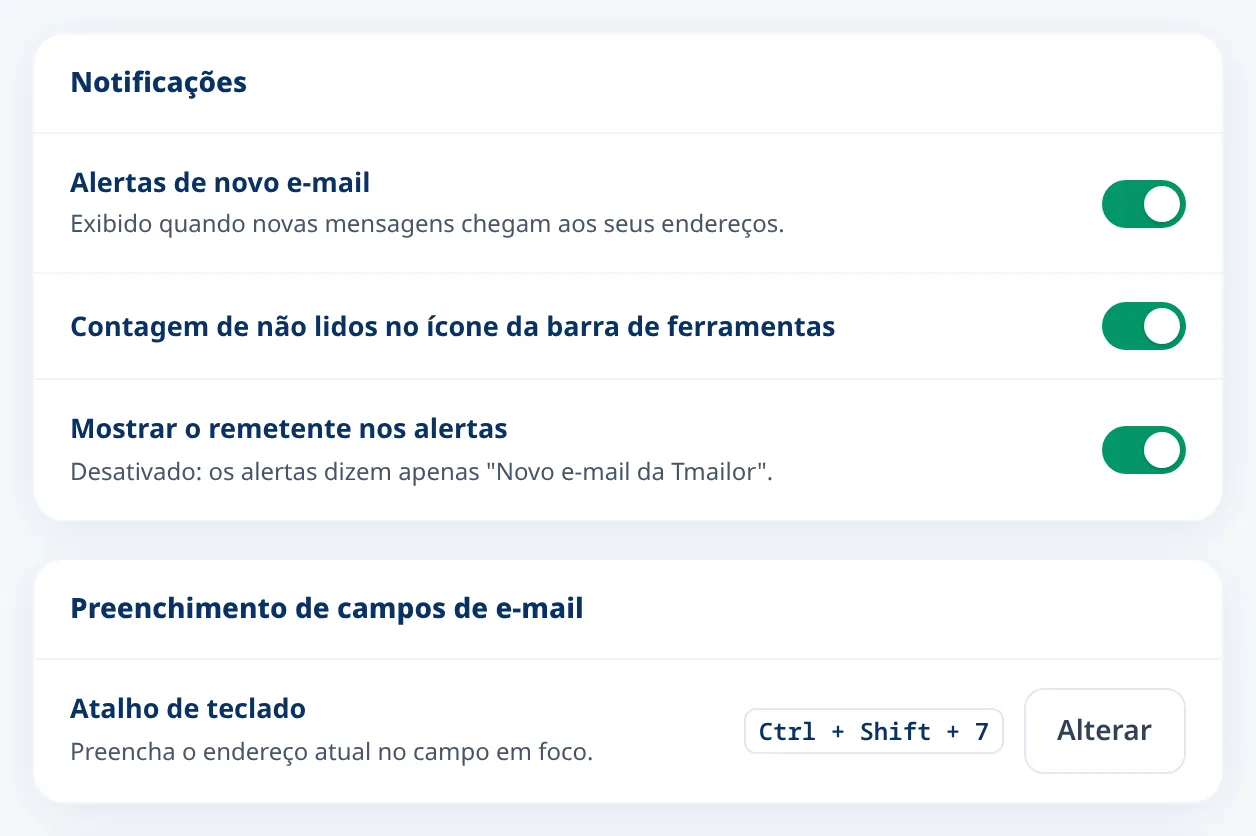 Configurações do Tmailor para novos alertas de e-mail e o atalho de teclado
