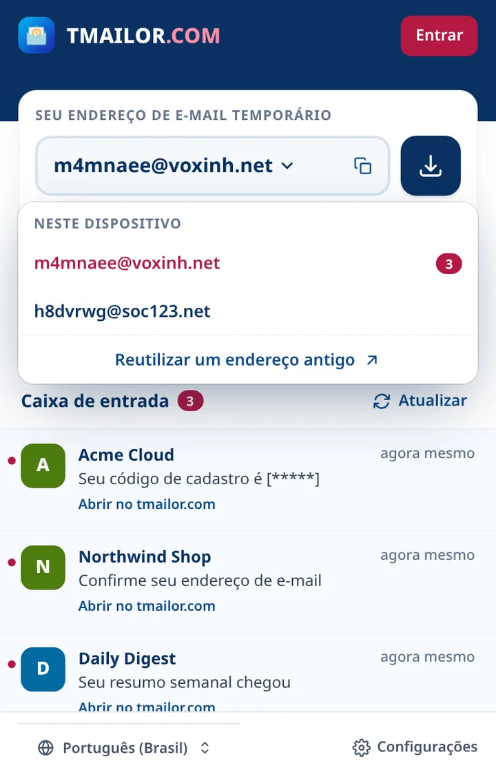 Lista de endereços Tmailor com dois endereços salvos neste dispositivo