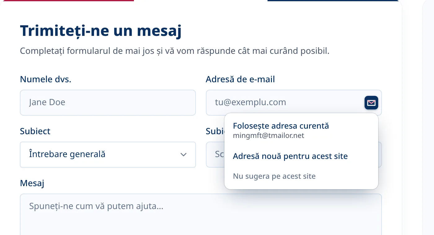 Meniu opțional Tmailor într-un câmp de email pe un formular de înscriere