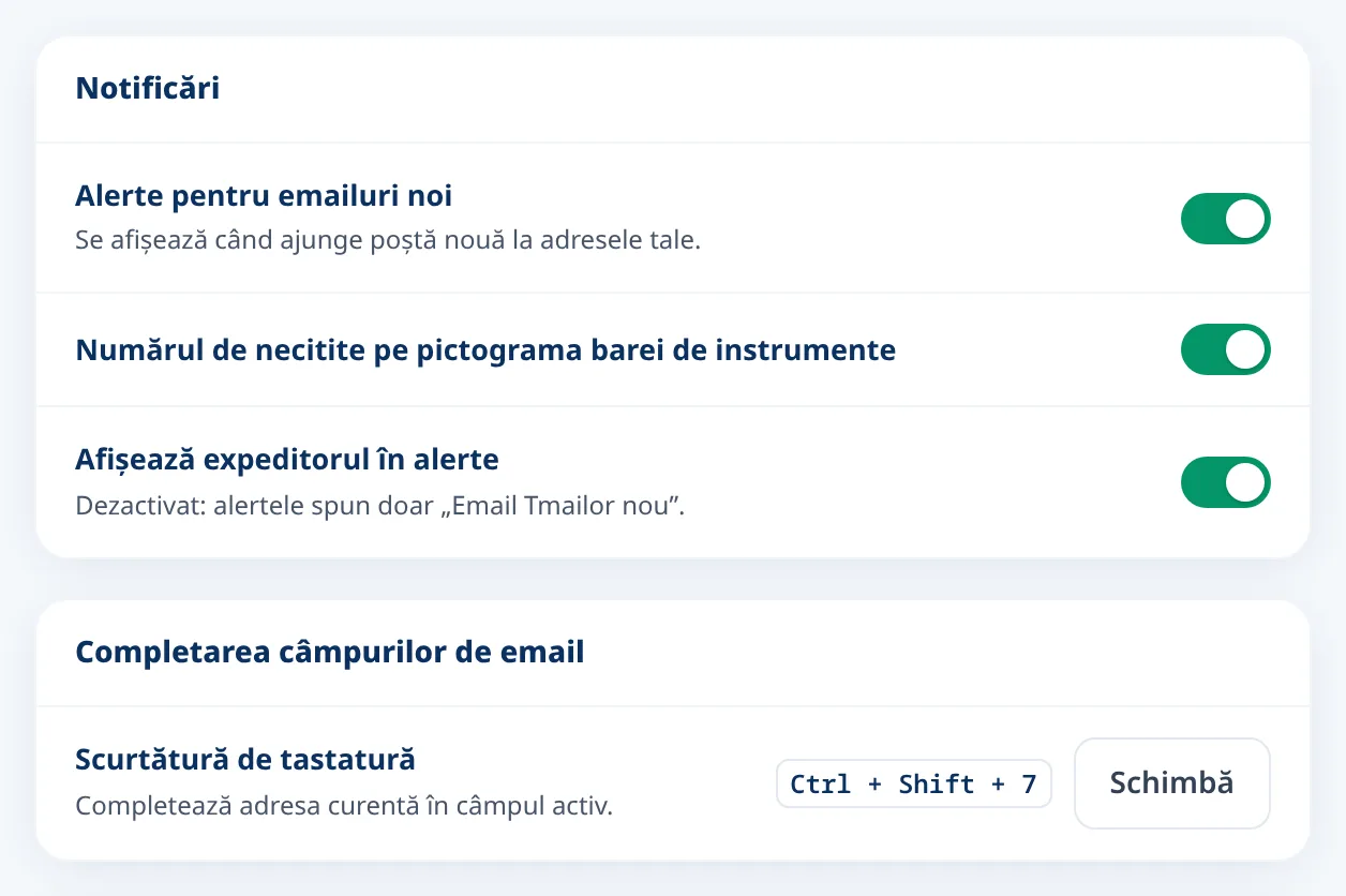 Setări Tmailor pentru noile alerte de email și scurtătura de tastatură