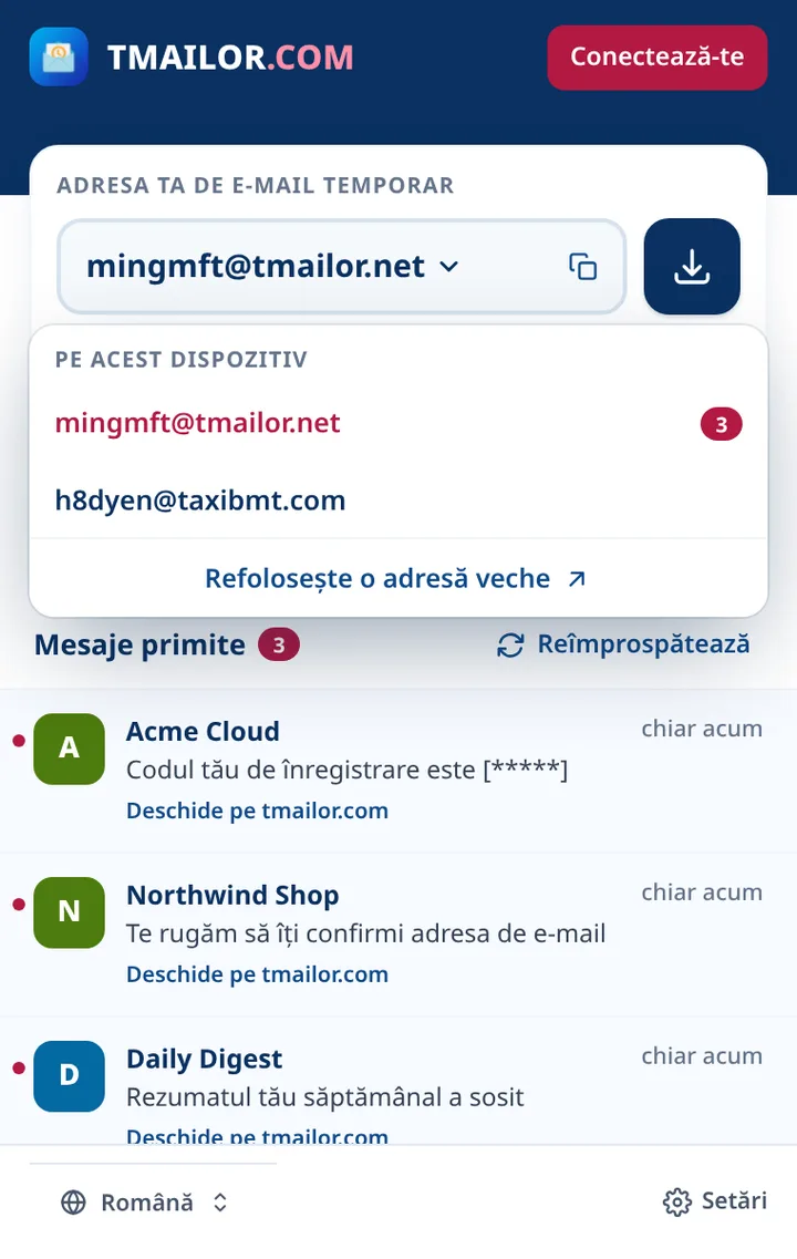 Lista de adrese Tmailor cu două adrese salvate pe acest dispozitiv