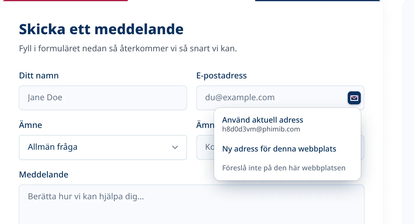 Valfri Tmailor-meny i ett e-postfält på ett registreringsformulär