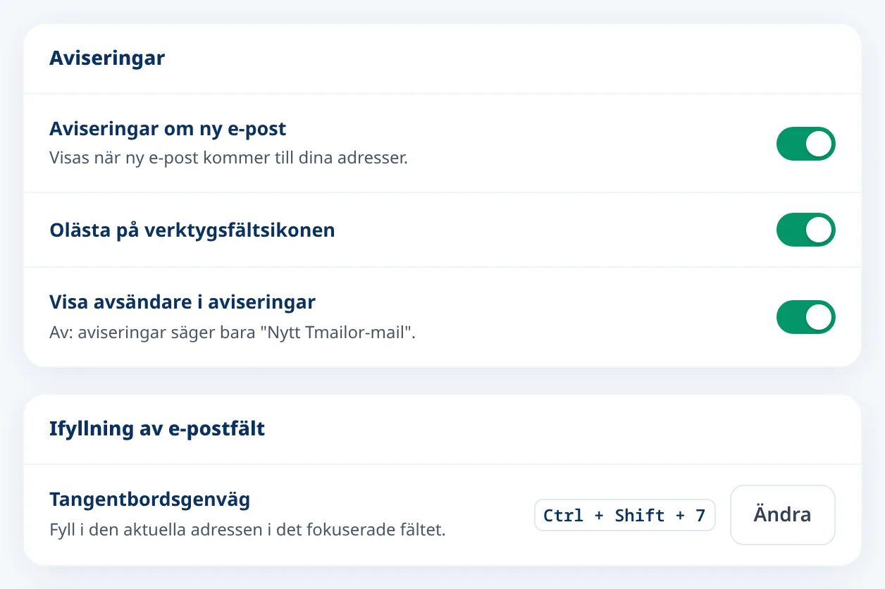 Tmailor-inställningar för nya e-postaviseringar och tangentbordsgenvägen