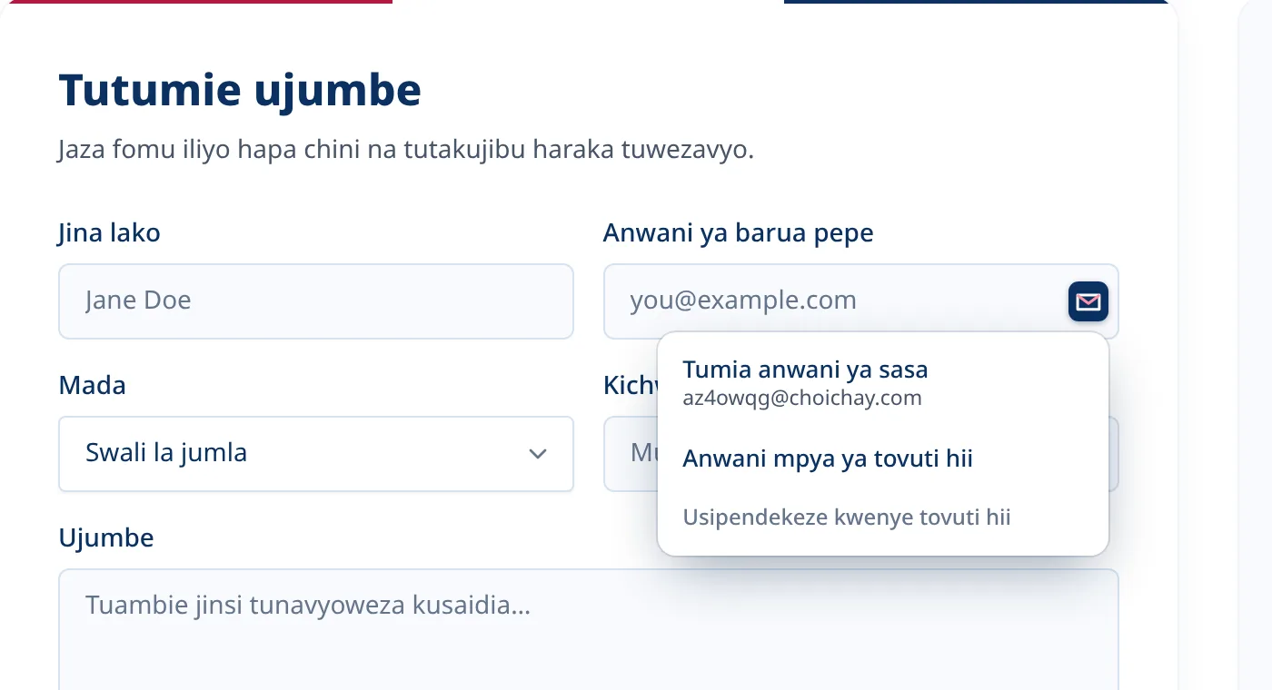 Menyu ya hiari ya Tmailor ndani ya uwanja wa barua pepe kwenye fomu ya kujisajili