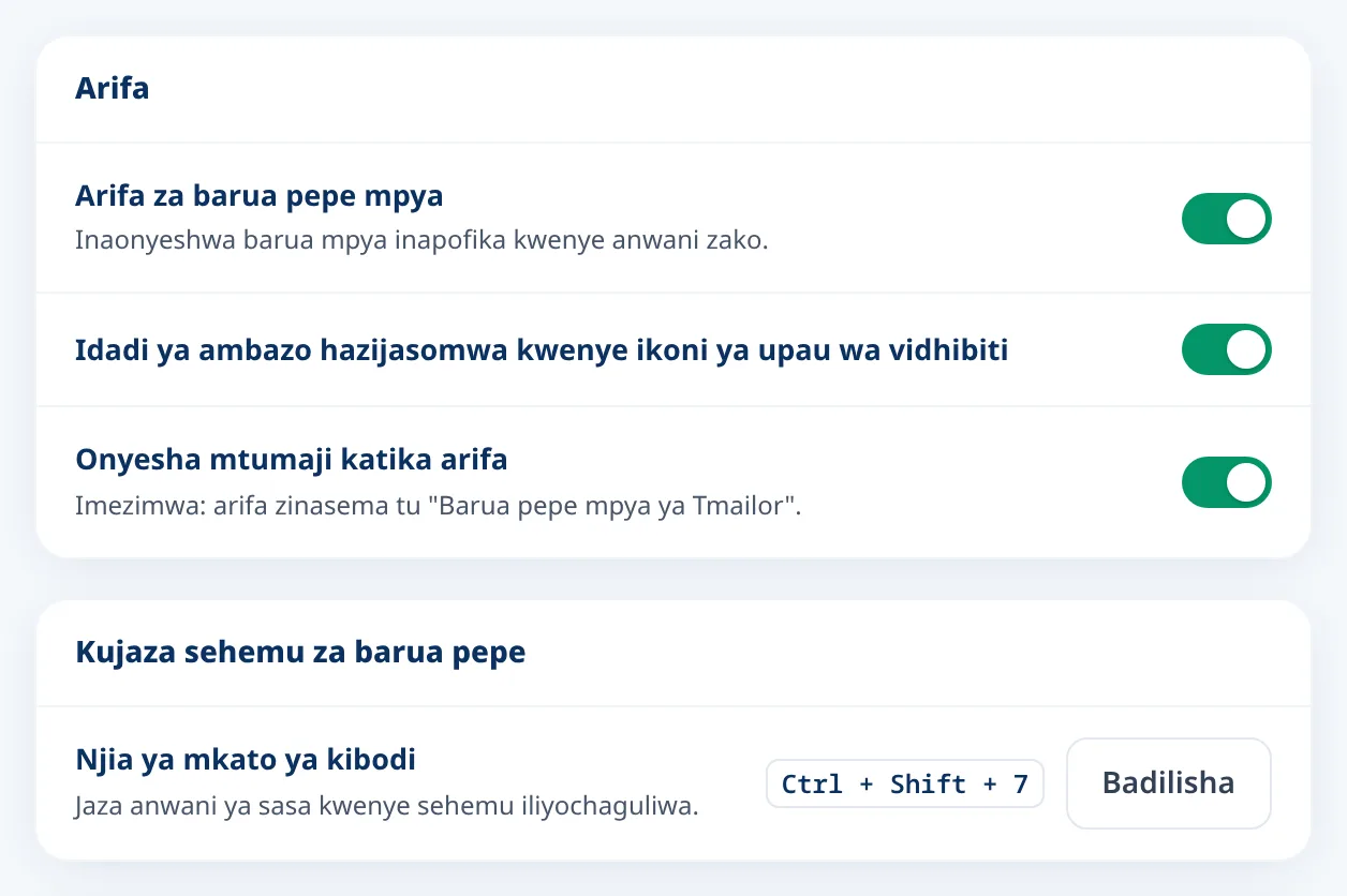 Mipangilio ya Tmailor kwa arifa mpya za barua pepe na njia ya mkato ya kibodi