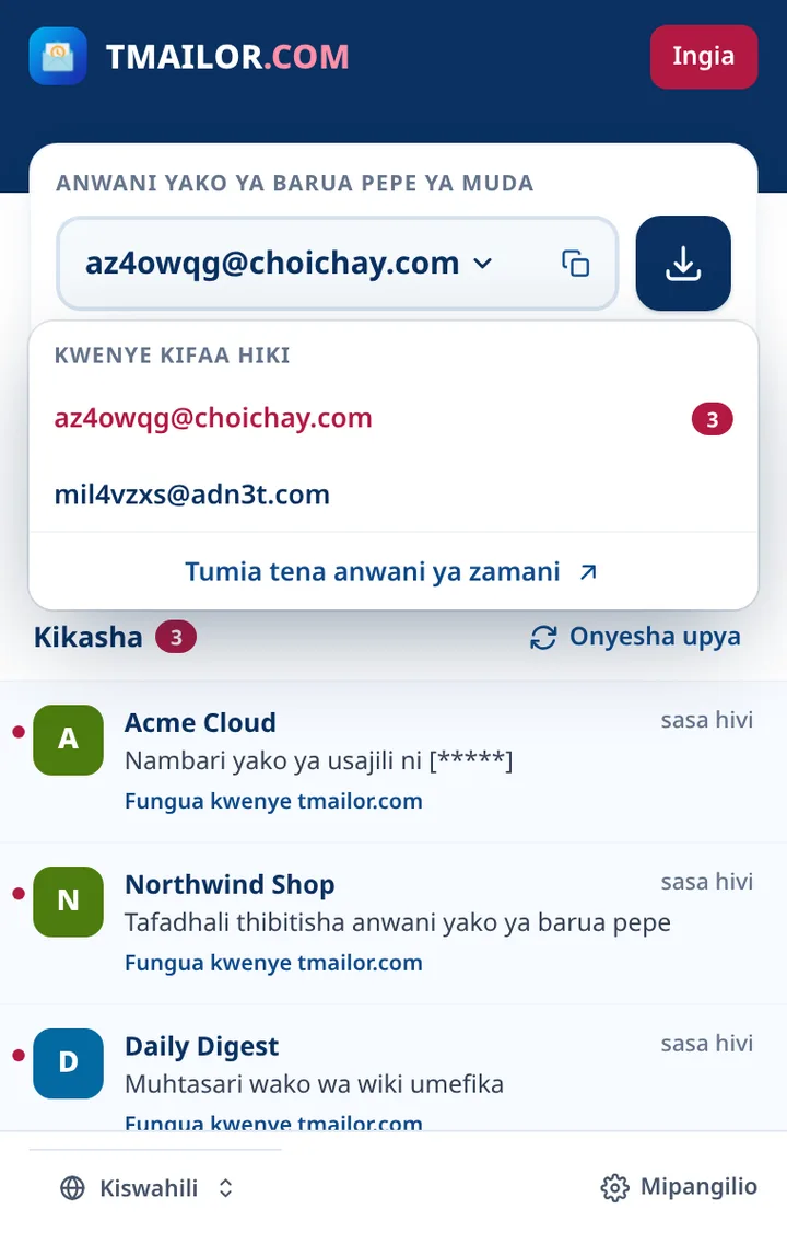 Orodha ya anwani ya Tmailor na anwani mbili zilizohifadhiwa kwenye kifaa hiki