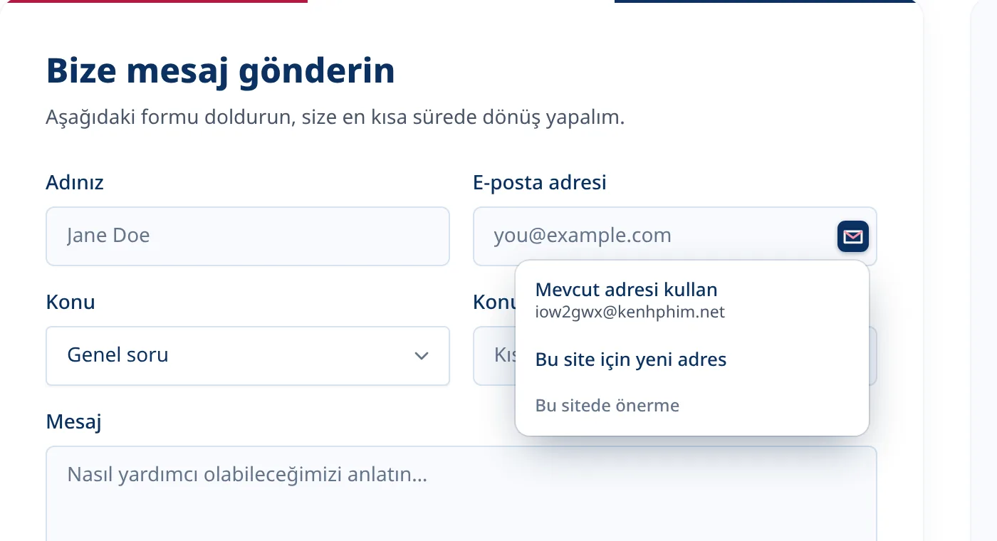Kayıt formunda e-posta alanında isteğe bağlı Tmailor menüsü