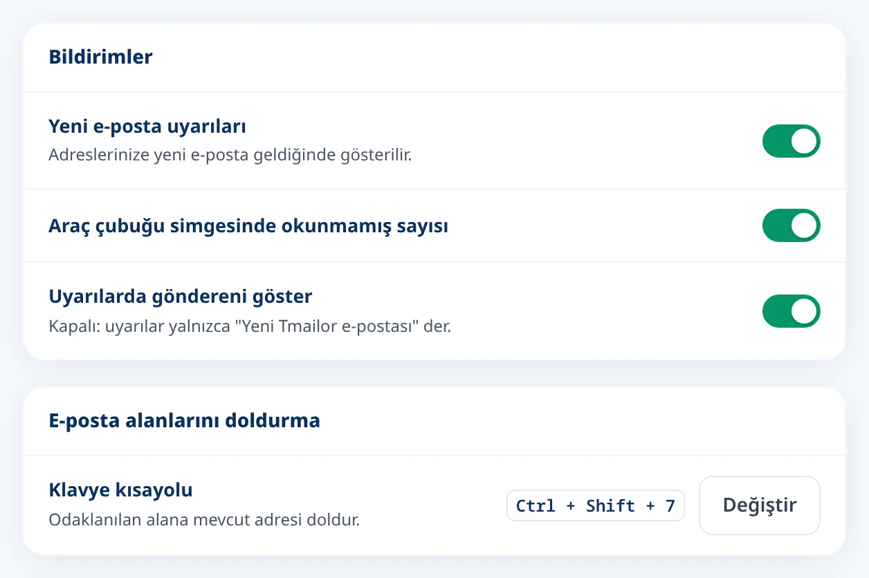 Yeni e-posta uyarıları ve klavye kısayolu için Tmailor ayarları