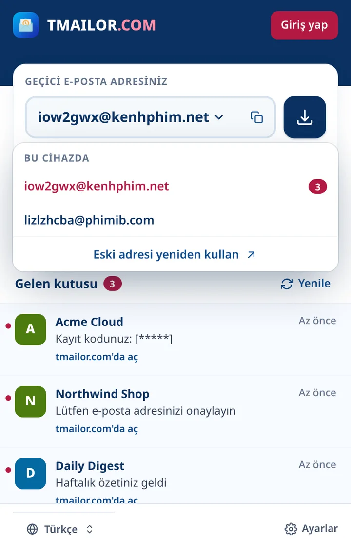 Bu cihazda kaydedilmiş iki adresin bulunduğu Tmailor adres listesi