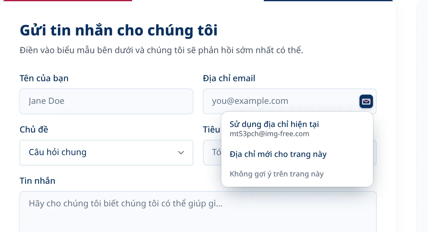 Menu Tmailor tùy chọn bên trong trường email trên biểu mẫu đăng ký
