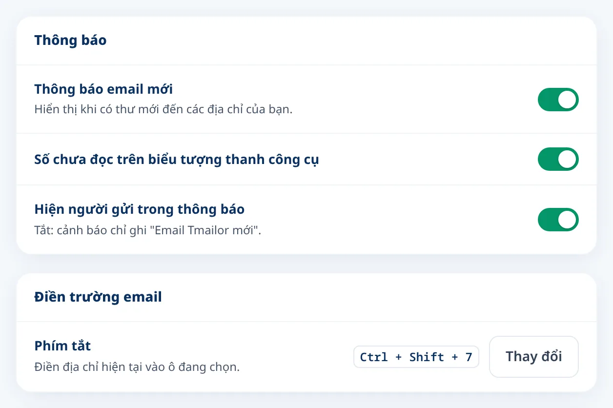 Cài đặt Tmailor cho cảnh báo email mới và phím tắt bàn phím
