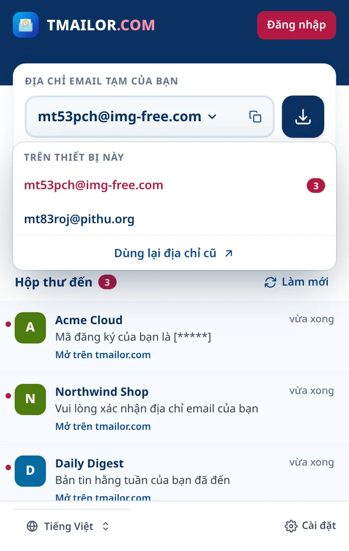 Danh sách địa chỉ Tmailor với hai địa chỉ được lưu trên thiết bị này