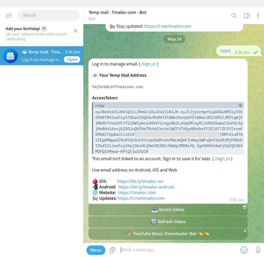 El bot de correo temporal Tmailor se abre en Telegram en el escritorio.