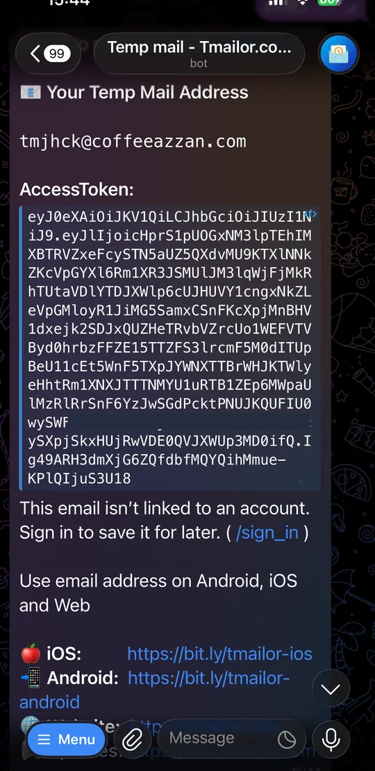 Dirección de correo electrónico temporal y token de acceso mostrados en el bot de Telegram