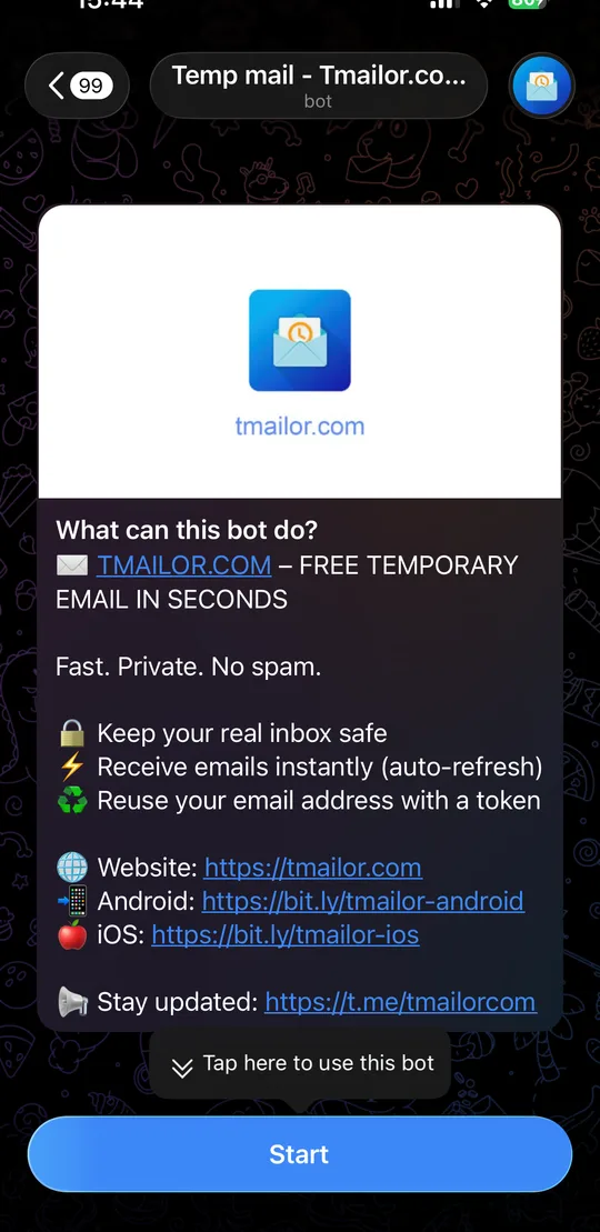 Pantalla de inicio del bot de correo temporal Tmailor en Telegram